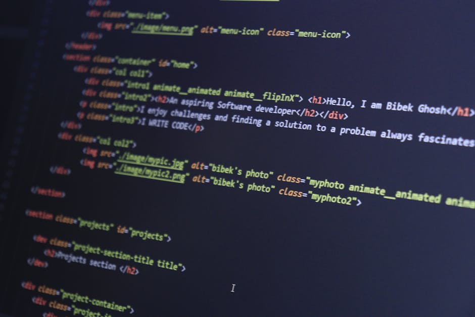 A computer screen displaying a close-up of HTML and CSS code in a dark-themed code editor. The code includes tags, class attributes, and image file references with yellow, blue, red, and white syntax 